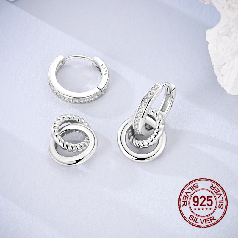 Women's 925 Silver Three-Link Interlocking Earrings, Stylish